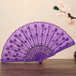 Eleganter lila Faltfächer mit Paillettenstickerei für Tanz und Raumdekoration