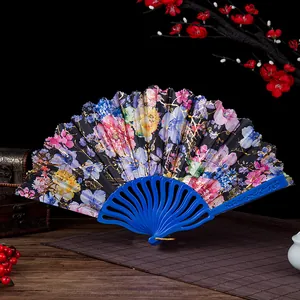 Elegant floral pattern folding hand fan with blue plastic frame for women dancing