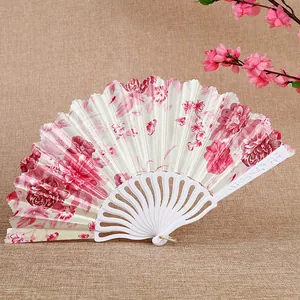 Traditional Chinese style floral folding fan with white plastic ribs for women dancing