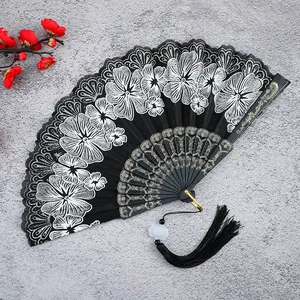 Ventaglio piegabile nero in stile cinese con motivi floreali e nappa nera elegante