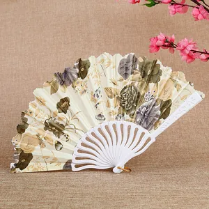 Elegant Chinese style folding fan with vintage floral pattern and white plastic ribs.