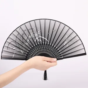 Chinese Style Folding Hand Fan Vintage Floral Printed Bamboo Fan With Tassel Dance Party Women Decorative Fan