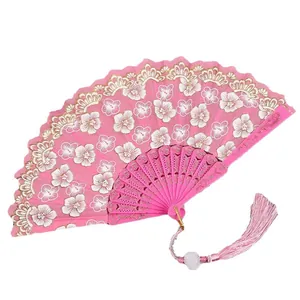 Pink Chinese style folding fan floral lace hand fan for Hanfu Qipao dance party decoration