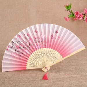 Elegante abanico plegable de seda rosa para mujer con estampados de flores de cerezo
