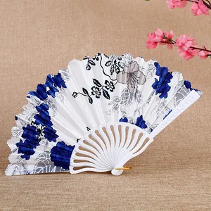Elegant Chinese style folding fan with blue floral print and white plastic frame