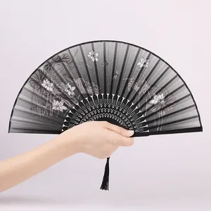 Traditional Chinese folding hand fan black lotus pattern silk fabric bamboo ribs for dance