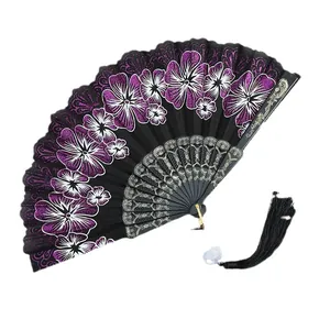 Elegante ventaglio pieghevole cinese nero con fiori viola glitterati e nappa