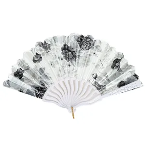 Elegant Chinese style folding fan for women featuring a black and white floral pattern design