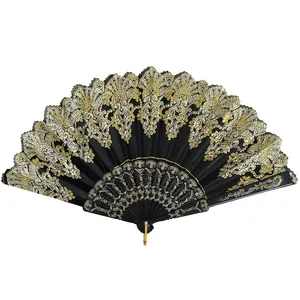 Eleganter schwarzer Faltfächer im spanischen Stil mit goldener Spitze und Pailletten