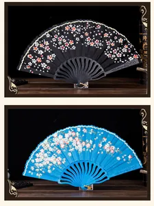 Elegant cherry blossom floral folding fans for women shown in black and blue color variants