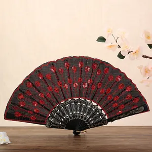 Elegante Abanico Chino Vintage de Malla de Plástico Bordado Lentejuelas Abanico Plegable Clásico para Mujer para Actuación de Baile Decoración del Hogar
