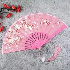 Vintage Plastic Fabric Folding Hand Fan Floral Pattern Hollow Out Ribs Decorative Handheld Fan With Tassel For Women Dance Performance Gift