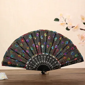 Abanico plegable negro decorativo con bordados florales de lentejuelas multicolores vivos