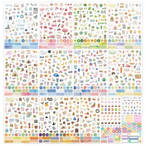 Full set of 14 sheets of themed planner stickers for DIY scrapbooking and journaling.