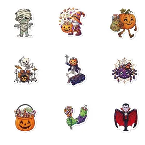 Especificaciones de tamaño detalladas para nueve pegatinas de Halloween en pulgadas y mm