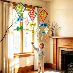 Vue détaillée de décorations de cerfs-volants en papier colorés dans une pièce