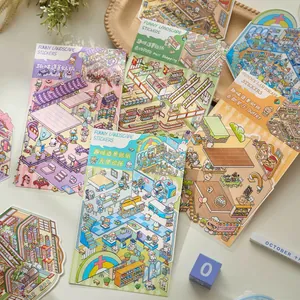 Set of 4 sheets of cute cartoon landscape stickers for creative DIY deco and scrapbooking