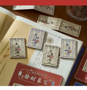 Detailed macro view of Chinese style magnetic bookmarks with traditional banknote design motifs.