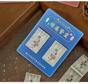 Close-up of traditional Chinese banknote style magnetic bookmarks on blue card