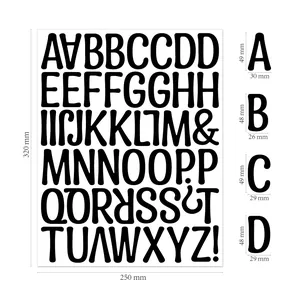 Dimensions détaillées des autocollants alphabet noir de 2 pouces sur une feuille de 320x250mm
