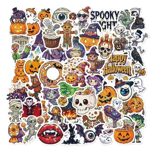 Colección de pegatinas holográficas de Halloween con personajes espeluznantes y temas.