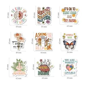 Inspirational mental health stickers set with precise dimension measurements in mm.