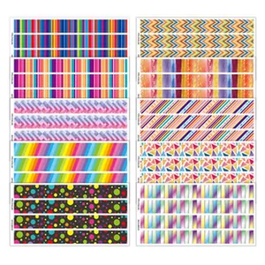 Detailed view of ten colorful patterned adhesive sticker sheets with geometric designs