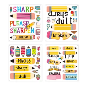 Set kleurrijke klaslokaalstickers voor potloodorganisatie met labels als scherp