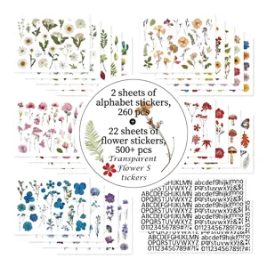 Lot de 24 Feuilles Autocollants Fleurs en PET Étanches Transparents Décalcomanies Botaniques pour Scrapbooking DIY Journal Papeterie