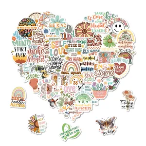 A large collection of mental health and motivational vinyl stickers arranged in a heart shape