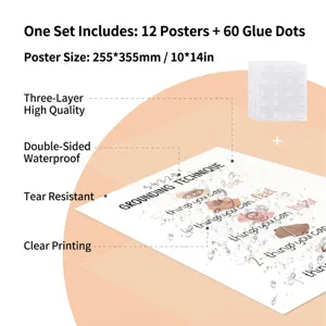 Detail of mental health posters showing waterproof material and set of 12 with glue dots.