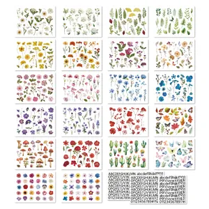 Collection de 24 autocollants PET imperméables de fleurs et plantes pour le scrapbooking.