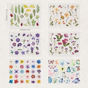 Vue détaillée des autocollants PET fleurs et papillons avec dimensions.