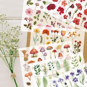 Planches d'autocollants botaniques en PET transparent avec champignons et fleurs vintage