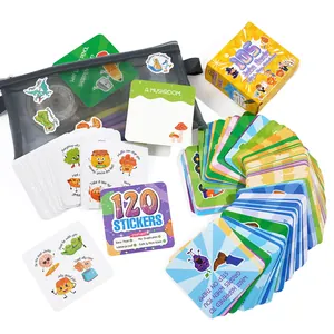 Set of 105 cute lunch box joke cards and 120 stickers for kids in a mesh bag.