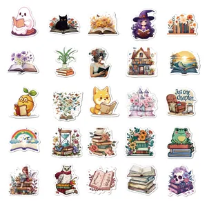 Variedad de lindas pegatinas de lectura con gatos, fantasmas y libros para manualidades