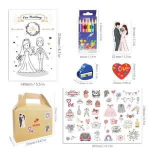 Kit de actividades de boda para niños con libro para colorear, lápices y pegatinas.