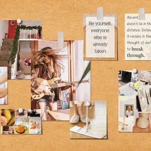 Collage of inspirational quotes and lifestyle photos for a vision board kit