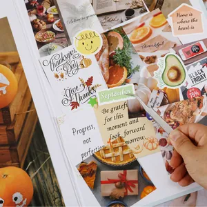 Close-up detail view of DIY vision board kit with aesthetic stickers and steel tweezers