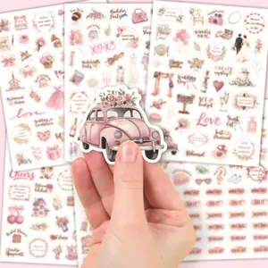 6 vellen romantische roze trouwplanner stickers met bloemenauto en evenementenplanning-iconen