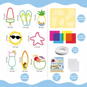 Summer DIY window art kit with shapes, colored sheets, string, and glue dots for kids.