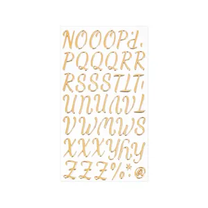 3D gold-foil alphabet stickers featuring cursive metallic letters and symbols for DIY crafts