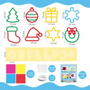Children's DIY Christmas window craft kit with shapes, colored paper, glue dots, and string.