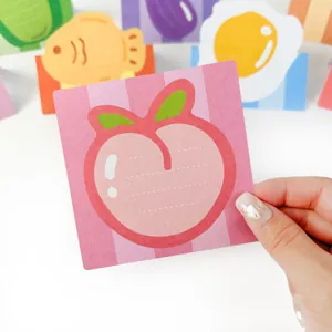 Close-up of a cute peach-shaped sticky note from a food-themed cartoon memo set