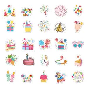 Detailed macro view of vibrant birthday party stickers featuring cakes and party hats