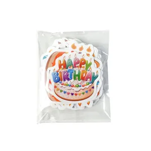 Set of 50 colorful birthday cake stickers in transparent packaging for party decor