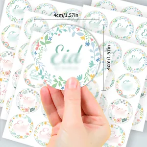 Detailed view of 4cm round floral Eid Mubarak stickers with clear dimensions shown