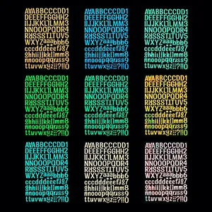 Gedetailleerde close-up van negen kleurvariaties van lichtgevende DIY alfabet stickers