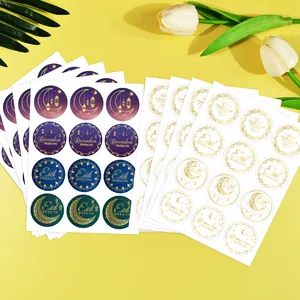Eid Mubarak gold foil stickers with moon and lantern patterns for gift sealing