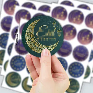 Round Eid Mubarak moon sticker with gold foil design and 4cm diameter dimension shown.